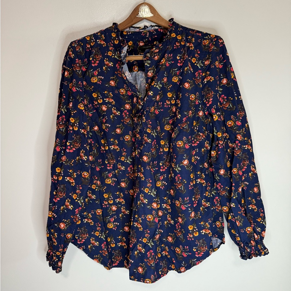 Chico’s Women’s Navy Floral Long-Sleeve Blouse cotton corduroy feel in size XL